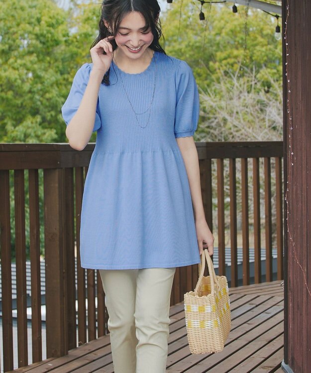 Tiaclasse リブ切替スカラップニットチュニック ブルー