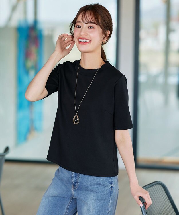 Tiaclasse L 【小倉優子さん着用・洗える・接触冷感・汗ジミ防止】“サマさまカットソー”ハーフスリーブベーシックトップス ブラック