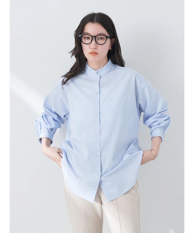 earth music&ecology Ｔ／Ｃ　スタンドフリルブラウス Stripe