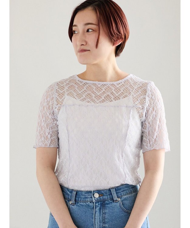 Te chichi パッチワークレース5分袖トップス ラベンダー