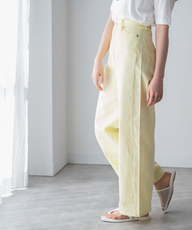 WEGO カラーウエストフィットワイドストレートパンツ ライトイエロー