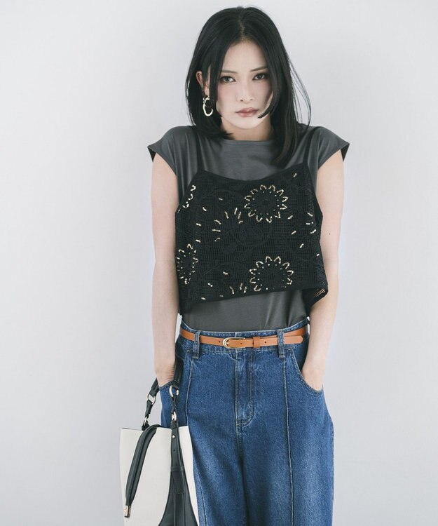 YECCA VECCA 【2点SET】刺繍メッシュキャミセットコットンTee Black