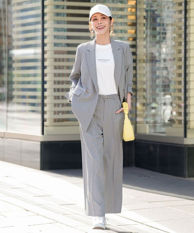 ANY SIS スマートビューティストレッチベルト ワイドパンツ ライトグレーシャンブレー