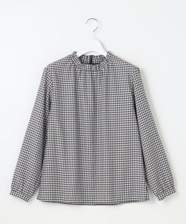 J.PRESS LADIES S 【洗える】ポリエステルヴィスコースブロックチェック フリルネック ブラウス チャコール×ピンク系