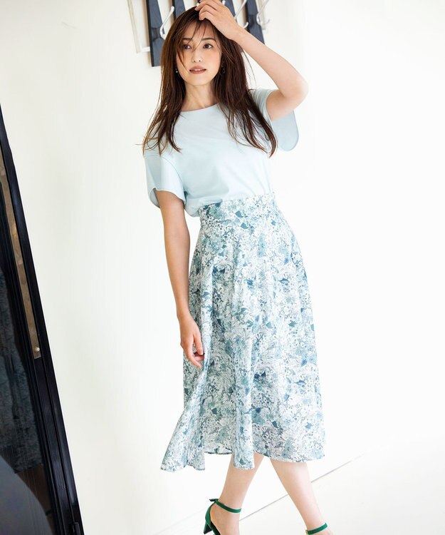 組曲 S 【洗える】シルケットポンチ フリルスリーブ カットソー スモーキーグリーン系