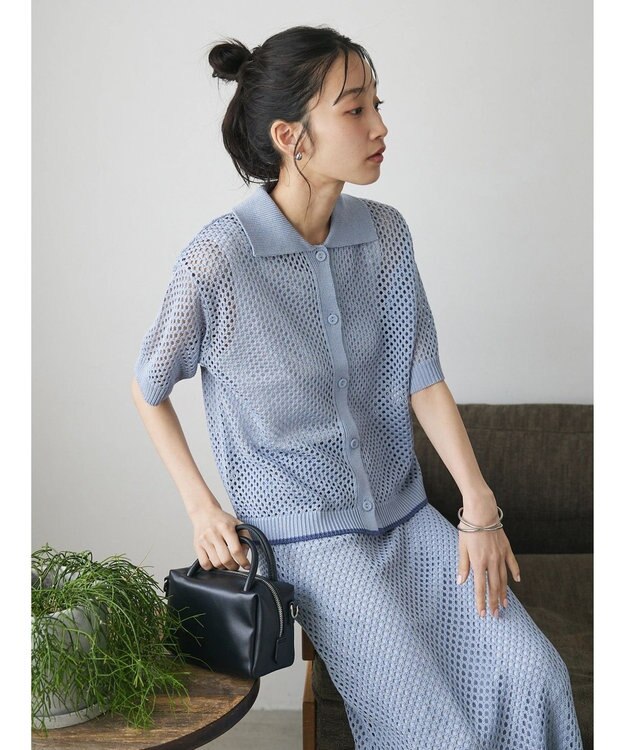 CRAFT STANDARD BOUTIQUE 配色メッシュニットカーディガン Grayish Blue