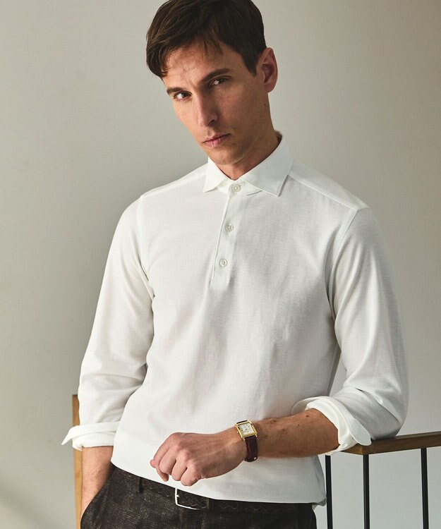 GOTAIRIKU あのBIZポロが 長袖に【仕事で着られる】キレイめ 鹿の子 ビズポロシャツ_ロング ホワイト系