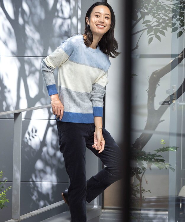 J.PRESS LADIES 【洗える】WOOL BLEND AIR カラーブロック ニット サックスブルー系1
