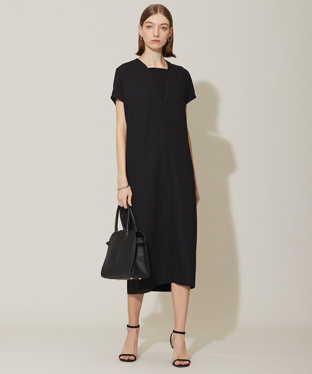 ICB 【接触冷感・UVケア・速乾・洗える】FluidBackSatin レイヤードデザインワンピース ブラック系