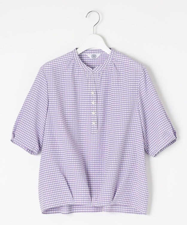 J.PRESS LADIES S 【洗える】アセVisギンガム バンドカラー ブラウス ラベンダー系