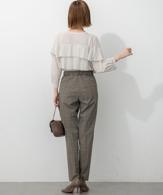 23区 【洗える】ドライ2WAYストレッチ チェック テーパード パンツ ブラウンチェック