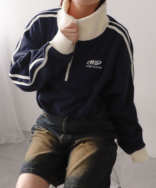 WEGO ハーフジップフリースショートプルオーバー ネイビー