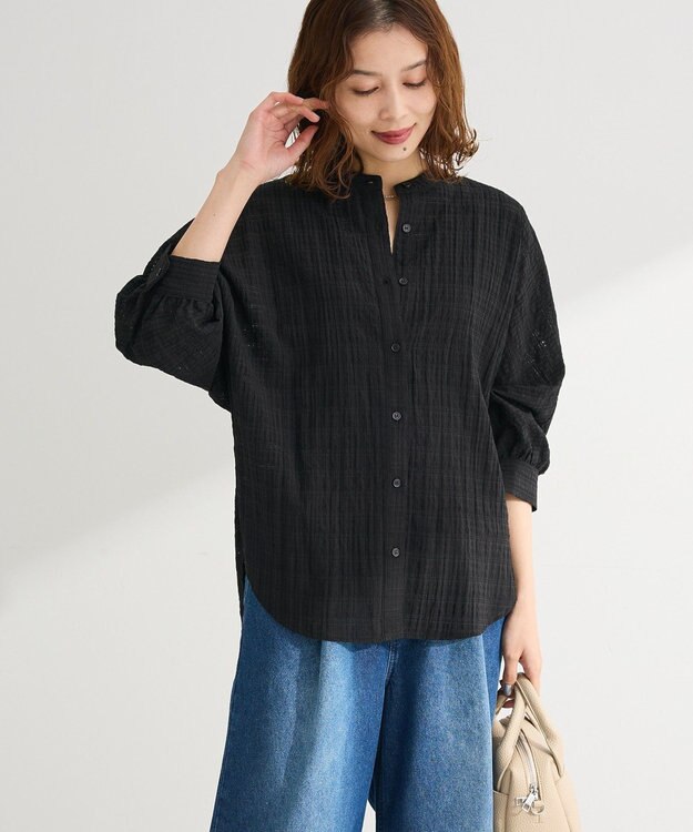 Green Parks シアーチェック７分袖シャツ Black