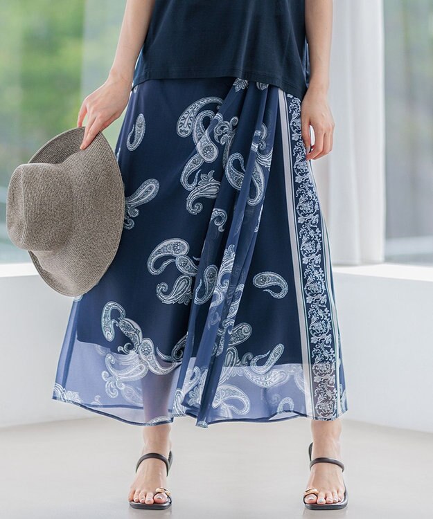 23区 L 【洗える】Ratti ペイズリーシフォン スカート ネイビー系