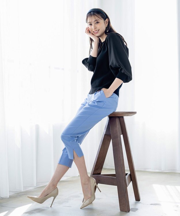 Tiaclasse L 【新色追加・洗える】異素材パフ袖トップス ブラック