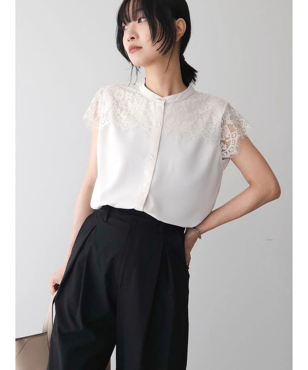 Green Parks 胸元レースフレンチスリーブブラウス Off White