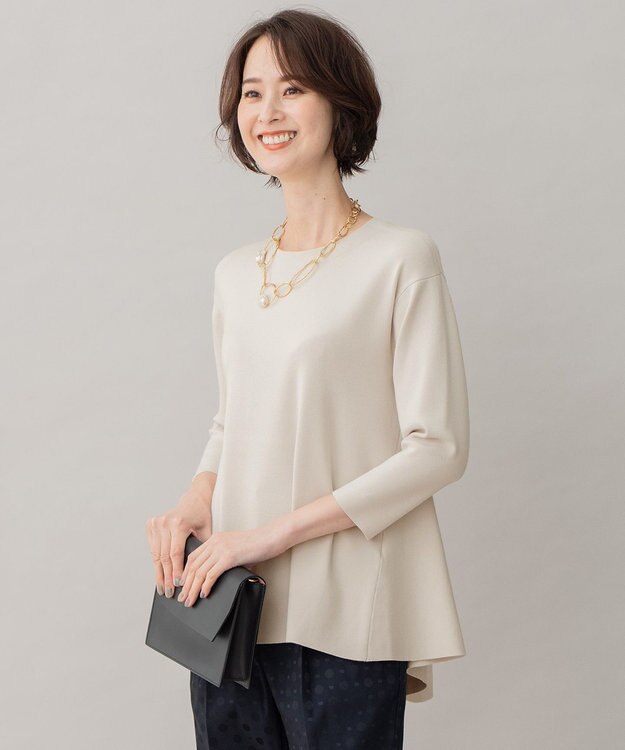 自由区 【洗える】レーヨンポリエステルスムース ペプラムニット サンセットグレー