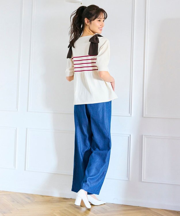 Feroux 肩リボン ペプラムニット ピンク系ボーダー