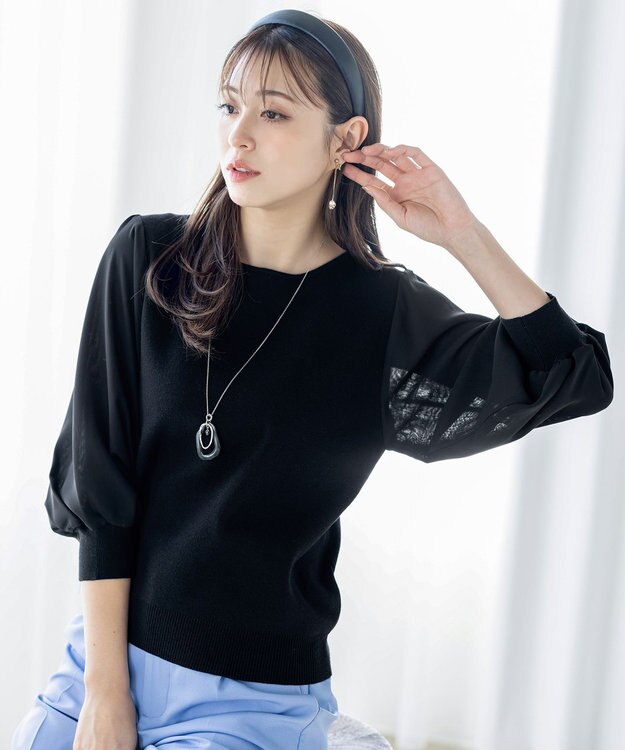 Tiaclasse L 【新色追加・洗える】異素材パフ袖トップス ブラック