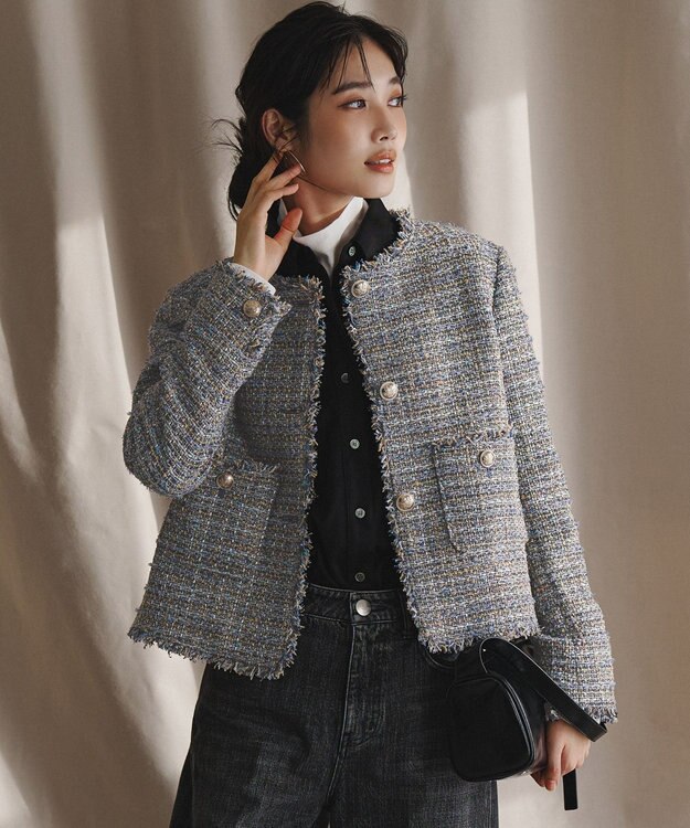 イタリア製★N°21　ノーカラー　ツイードジャケット　羊毛　コットン　シルク イタリア製☆N°21 ノーカラー ツイードジャケット 羊毛 コットン シルク