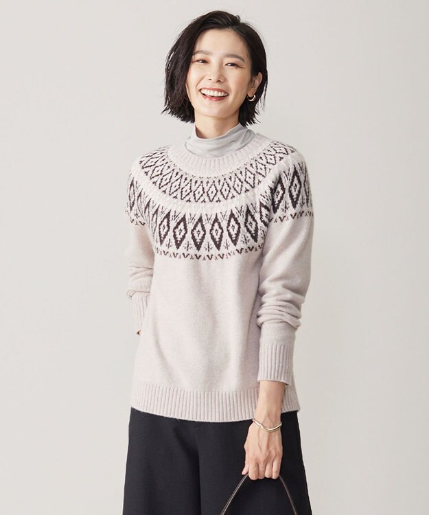 J.PRESS LADIES 【洗える】FAIR ISLE ラウンドネック ニット ベージュ系