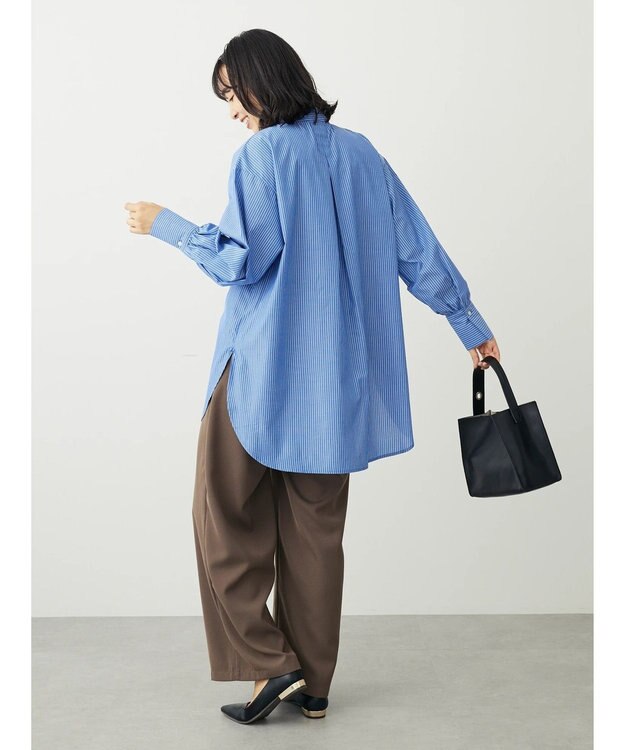 Green Parks イージーケアスタンドフリルシャツチュニック Stripe Blue