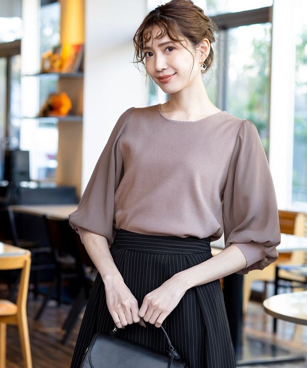 Tiaclasse L 【新色追加・洗える】異素材パフ袖トップス モカ