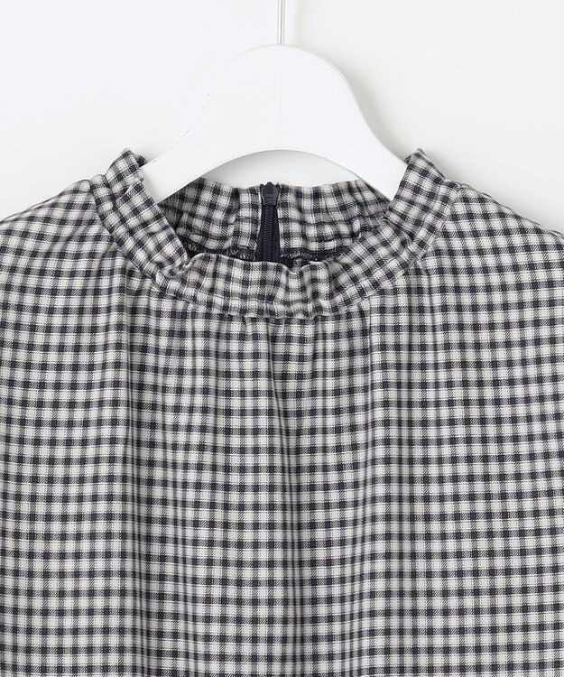 J.PRESS LADIES S 【洗える】ポリエステルヴィスコースブロックチェック フリルネック ブラウス チャコール×ピンク系