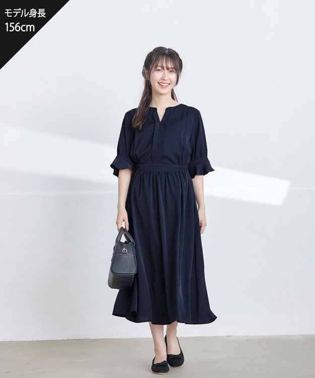 Tiaclasse 【洗える】キャンディースリーブ花柄ワンピース ネイビー