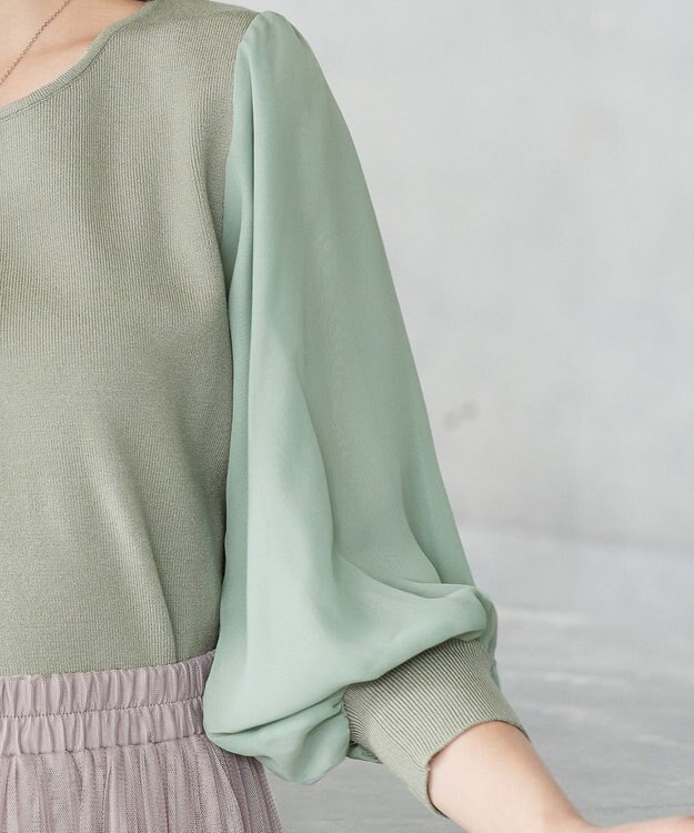 Tiaclasse L 【新色追加・洗える】異素材パフ袖トップス ミント