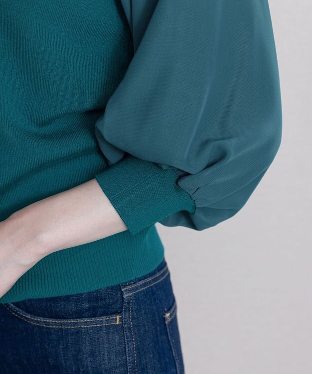 Tiaclasse 【新色追加・洗える】異素材パフ袖トップス ターコイズ