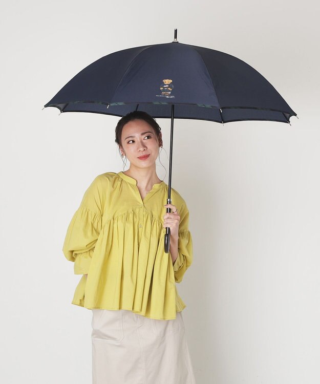 MOONBAT 【WEB限定】POLO RALPH LAUREN（ポロ ラルフローレン）ポロベア×チェックパイピング 無地 FLAG BEAR 長傘 8本骨 ネイビーブルー