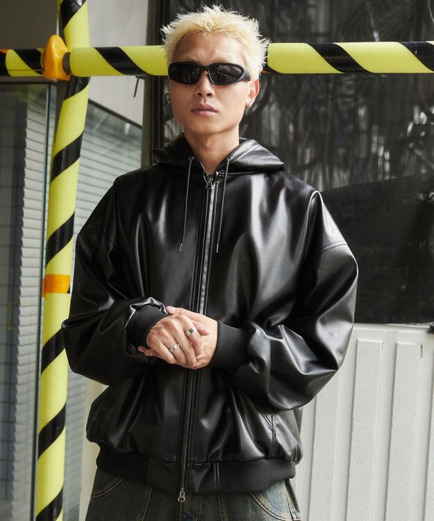 WEGO エコレザーフードブルゾン ブラック