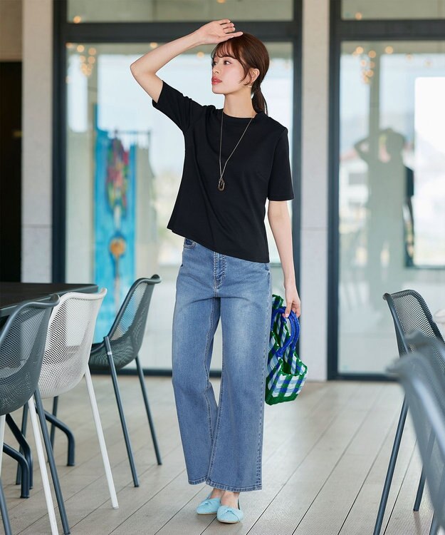 Tiaclasse L 【小倉優子さん着用・洗える・接触冷感・汗ジミ防止】“サマさまカットソー”ハーフスリーブベーシックトップス ブラック