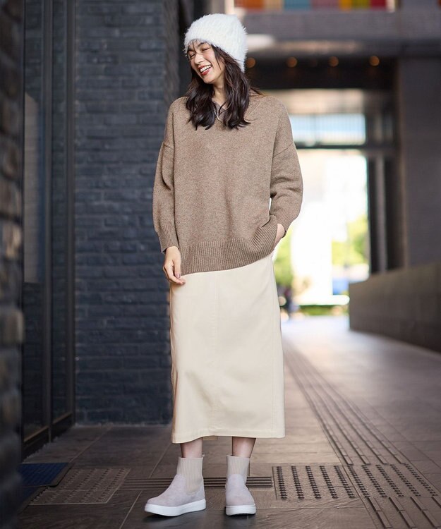 ANY L 【手洗い可/ウエストゴム】裏起毛ハイストレッチタイトスカート オフ