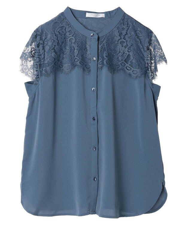 Green Parks 胸元レースフレンチスリーブブラウス Blue