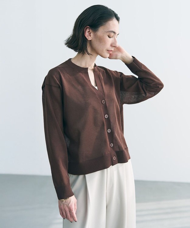 UNFILO シアーフォルムニット キーネックカーディガン ブラウン