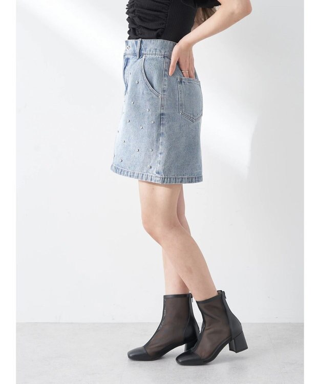 earth music&ecology ビジューデニムミニスカート Light Indigo