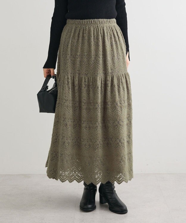 Green Parks 起毛レースティアードスカート Gray Beige