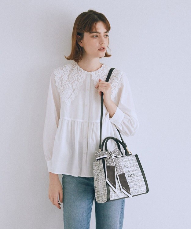 Maison de FLEUR スカーフ付きツイード2Wayトートバッグ Black