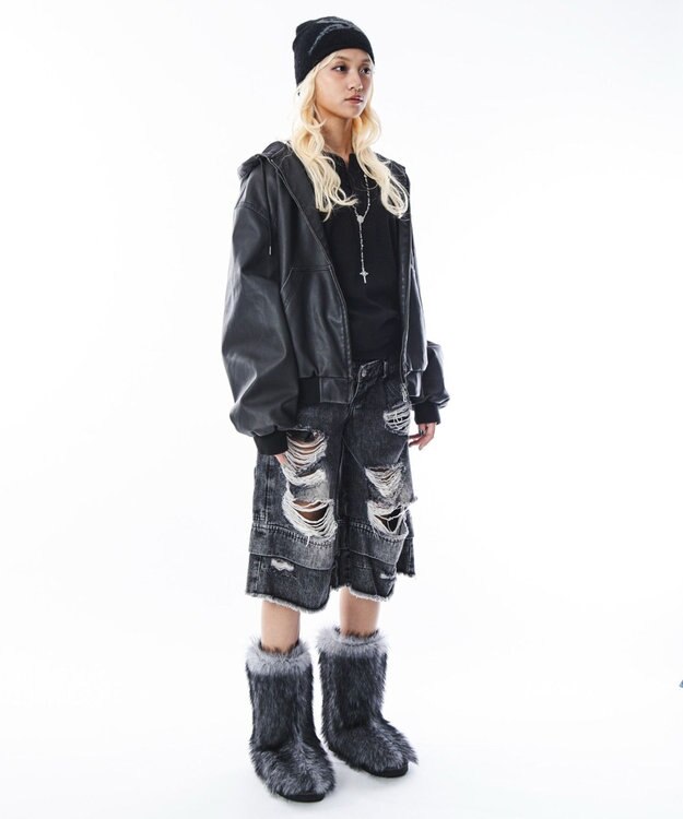 WEGO 【ユニセックス着用ITEM】PUフードブルゾン ブラック