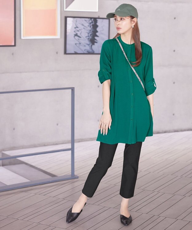Tiaclasse 【新色追加・洗える】バンドカラーシャツチュニックブラウス グリーン