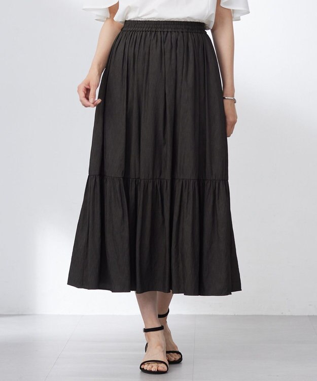 J.PRESS LADIES 【洗える】シャンブレーツイル ティアード スカート ブラウン系