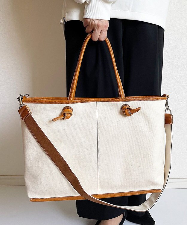 Hekhèr Le Style de Vie 【日本製 / A4サイズ対応/2WAY】コットンキャンバス×シュリンクレザー ノットトートバッグ large キャメル