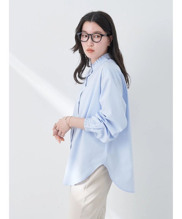 earth music&ecology Ｔ／Ｃ　スタンドフリルブラウス Stripe