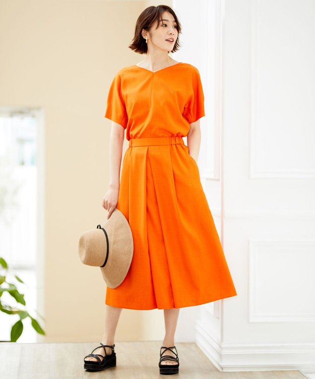 自由区 【接触冷感・速乾・UVカット・撥水・防シワ】リネンライクツイル タックスカート オレンジ系