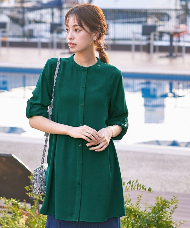 Tiaclasse 【新色追加・洗える】バンドカラーシャツチュニックブラウス グリーン