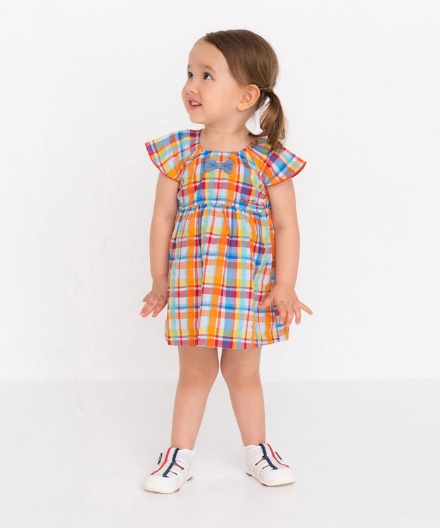 MIKI HOUSE HOT BISCUITS 【80-120cm】 チェック柄 フレンチスリーブ ワンピース マルチカラー