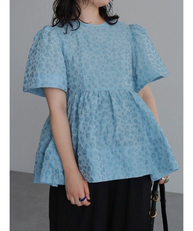 Green Parks パフスリーブジャガードペプラムブラウス Sax