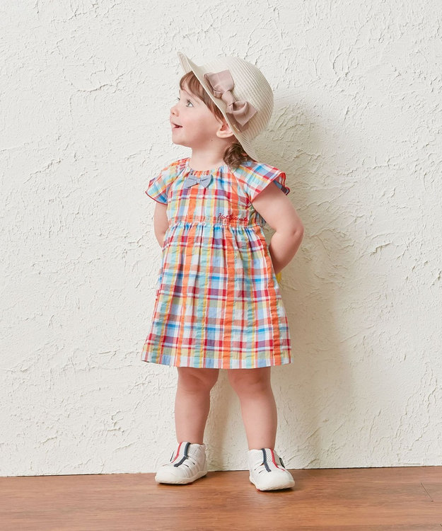 MIKI HOUSE HOT BISCUITS 【80-120cm】 チェック柄 フレンチスリーブ ワンピース マルチカラー